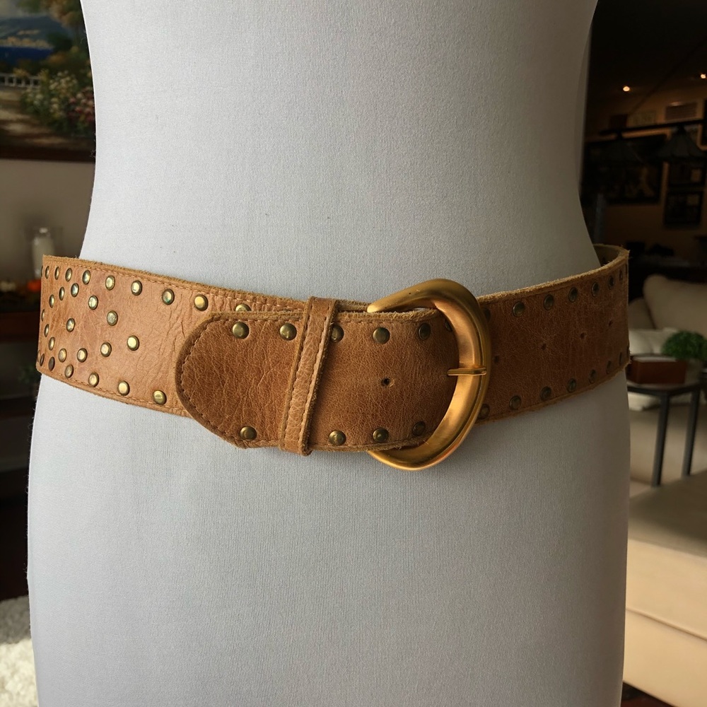Studded Tan Leather Belt with Gold Buckle